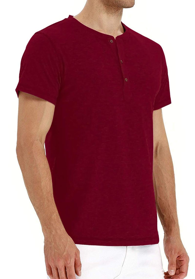 PEGENO Men's Casual Slim Fit Short Sleeve Henley T-Shirts Cotton Shirts Wine Red-US L - Image 2